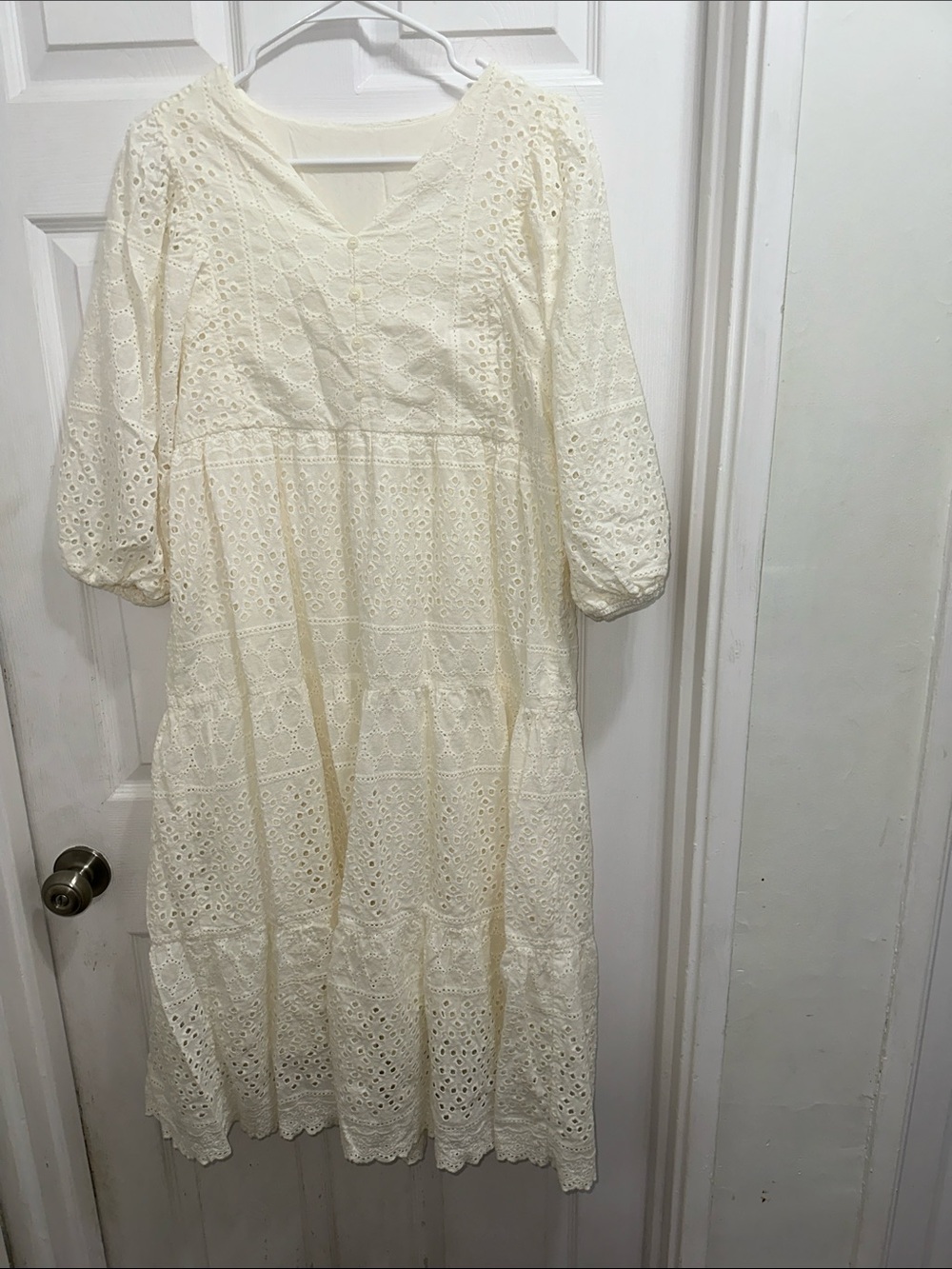 Eyelet Tiered Midi Dress in Cream with V-Neck